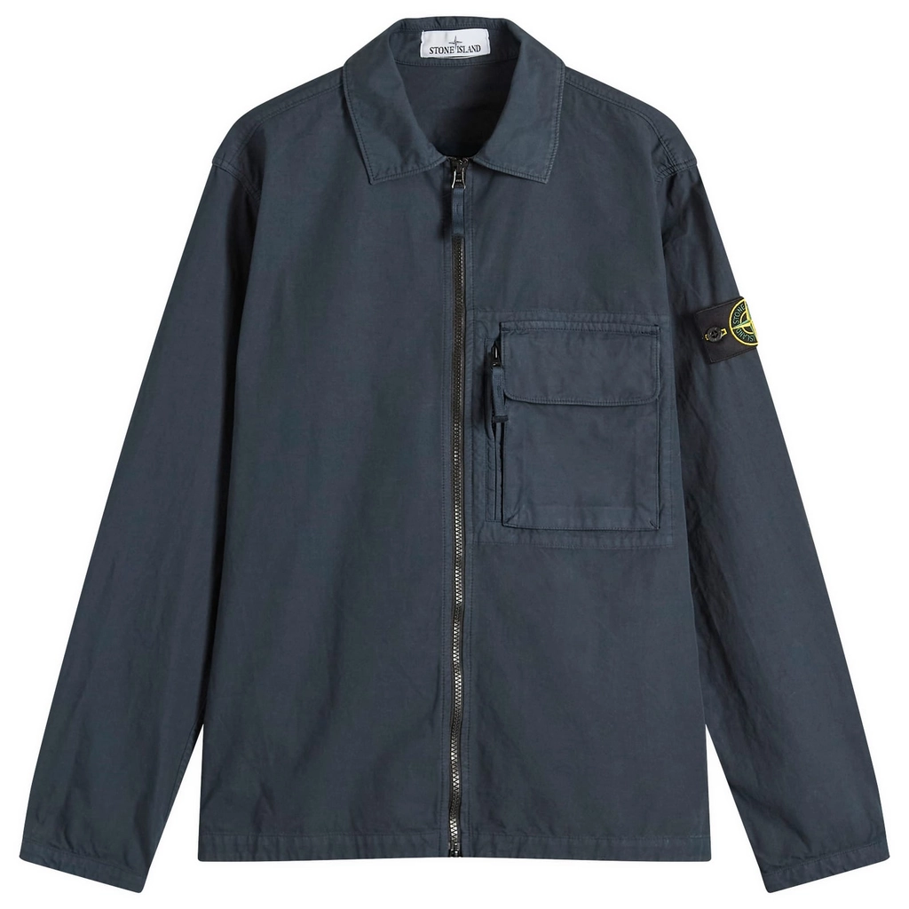 Stone Island Men's Canvas Weave Cotton Zip Shirt Jacket Navy Blue
